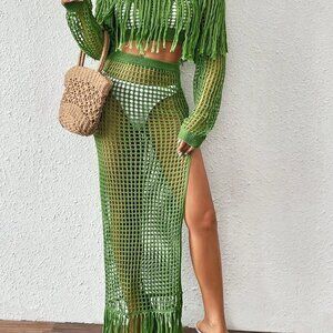 Green Sexy Women's Crochet Hollow Fringe Hem Cover Up Tops